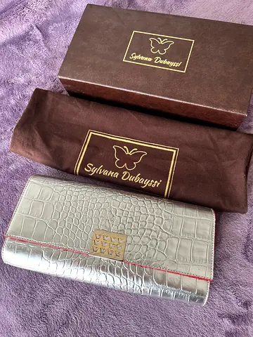 Silver Croc-Embossed Leather Crossbody Clutch with Red Trim