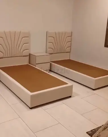 Pair of Single Beds with Nightstand - Upholstered Headboards