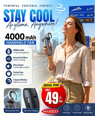 Portable 4000mAh Handheld Fan – USB-C Rechargeable