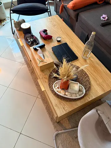 Solid Wood Rattan Coffee Table - Light Oak Finish