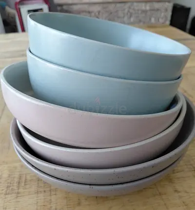 Set of 6 ceramic bowls/side plates - pastel blue, pink and beige, gently used