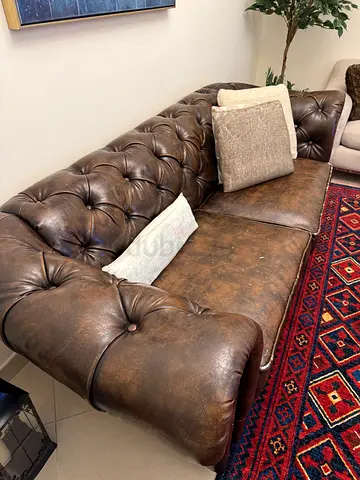Genuine Leather Chesterfield Sofa - 3-Seater, Distressed Brown