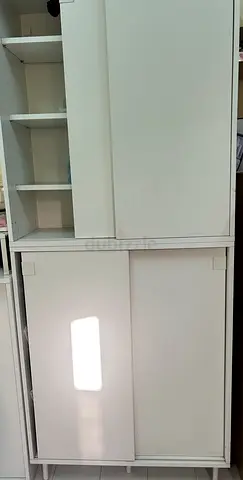 White Sliding Door Storage Cabinet with Open Shelves - Good Condition
