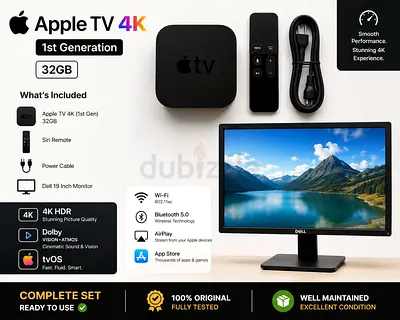 Urgent Sell Apple TV 4K (32GB) + 19 Dell Monitor - Complete Set
