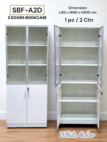 White 2-Door Bookcase with Glass Upper Display  Lockable Lower Cupboard (L80 x W40 x H200 cm)
