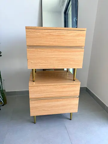 Light Oak Bedside Table / Nightstand with Brass Legs (Set of 2)