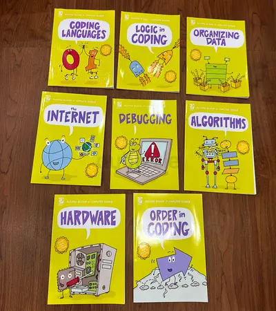 Set of 8 building blocks of computer science — Algorithms, Debugging, Hardware  More (Kids/Intro)