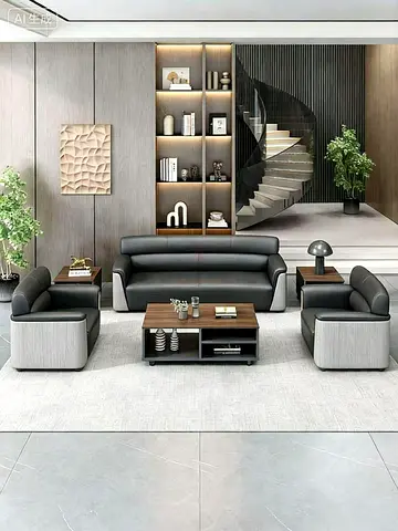 Modern 3+1+1 Black Leather office Sofa Set – Luxury Office Living Room Seating UAE