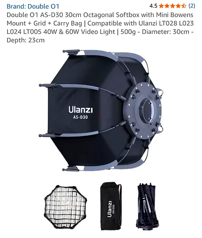 Ulanzi AS-D30 30cm Octagonal Softbox with Grid + Carry Bag (Mini Bowens) - New