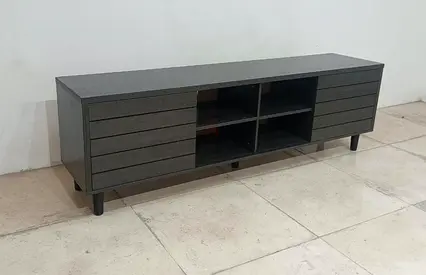 Dark Wood TV Unit / Entertainment Cabinet with Open Shelves and Drawer Panels