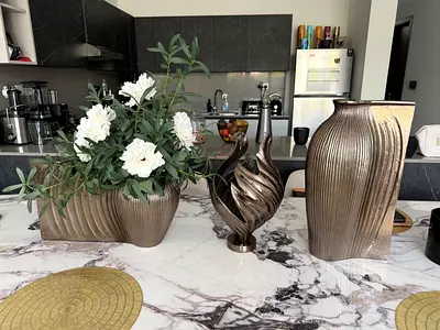 Set of Decorative Gold Vases and Centrepiece with Faux Flowers