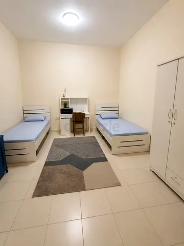 Two Single Beds with Wardrobe, Desk and Rug - Furnished Room Set