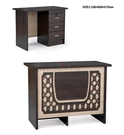 Dark Wood Office Desk with 3 Drawers and Decorative Front Panel (L100 x W50 x H75cm)