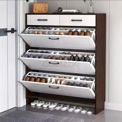 Slim 3-Tier Tilting Shoe Cabinet with Top Drawers - Dark Wood  White