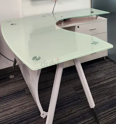White L-shaped Glass Top Office Desk with Storage Cabinet plus wooden table with storage an 4 chairs
