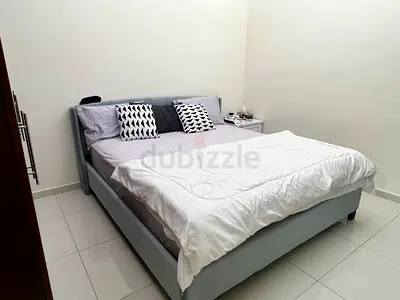 Light Grey Fabric Double Bed with Headboard - Good Condition