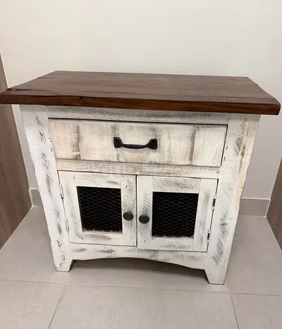 Rustic Whitewashed Wooden Nightstand with Drawer and Cabinet