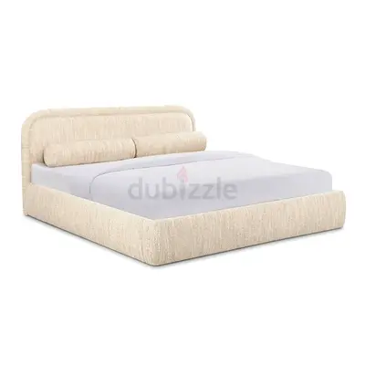 Modern Cream Upholstered Double Bed with Cushioned Headboard