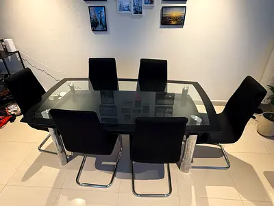 Glass Top Dining Table with 6 Black Cantilever Chairs - Good Condition