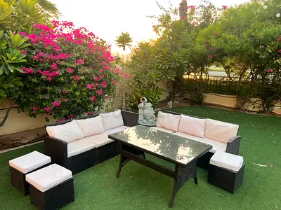 Outdoor rattan garden sofa set with glass-top dining table and cushions