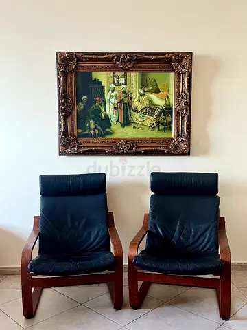 Pair of Ikea POÄNG Wooden Frame Armchair with Leather Seats