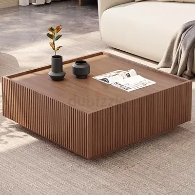 Solid Wood Low-Profile Square Coffee Table with Fluted Sides