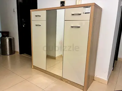 Compact Shoe Cabinet with Mirror and Drawers - Beige Oak