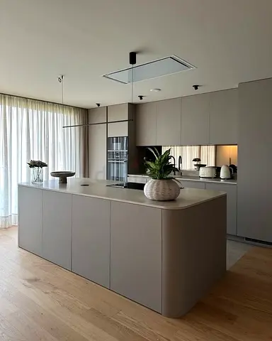 Modern Matte Grey Kitchen Island with Integrated Cabinets