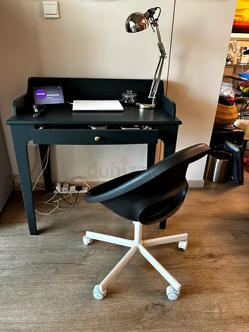 Compact study desk with shelf and swivel chair