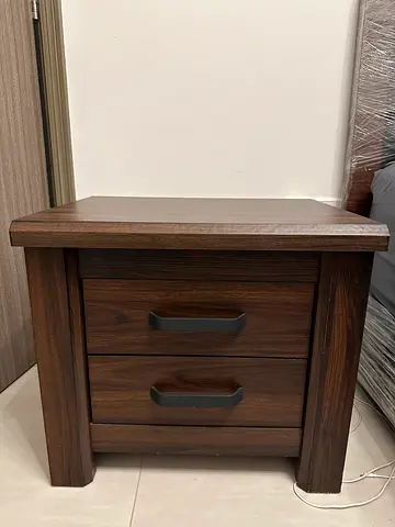 Solid wood bedside nightstand with two drawers - dark brown