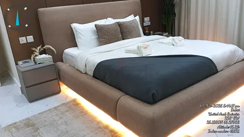 Fabric King Bed Frame with LED Underlighting - Beige