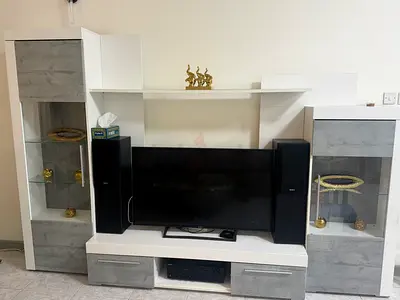 White and Grey TV Entertainment Unit with Display Cabinets - Good Condition