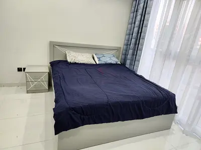 King size bed frame with mattress and bedside table - light grey