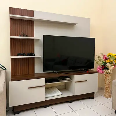 Modern TV Entertainment Unit with Shelves and Storage - Brown  White