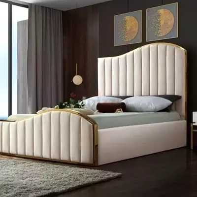 Modern Upholstered super king Bed(200×200) with Curved Gold Metal Trim