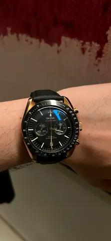 Omega-style mens chronograph watch with black dial and leather strap