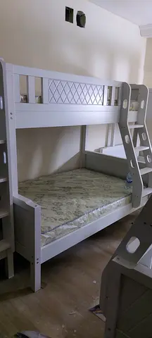 White Wooden Bunk Bed - Sturdy Kids Double Bed with Ladder