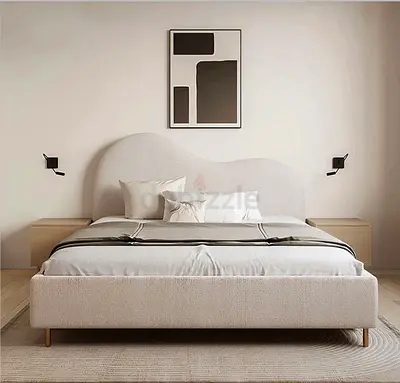 Minimalist Upholstered Double Bed with Curved Headboard - Beige