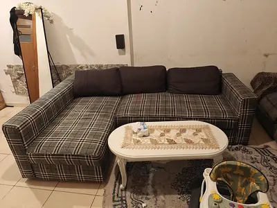 L-shaped Fabric Sofa - Grey Plaid, Good Condition