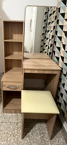 Light oak dressing table with mirror, stool and shelving - excellent condition