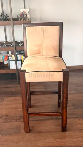 Wooden Bar Stool with Beige Upholstery - Solid Frame