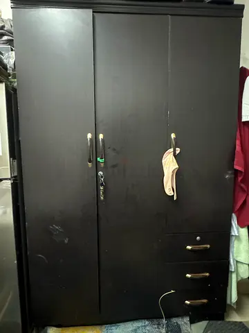 Dark Wood Wardrobe with Side Drawers
