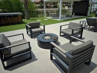 Outdoor Patio Seating Set - 4 Modern Armchairs with Cushions and Fire Pit Table
