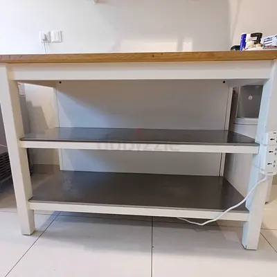 Solid Wood Kitchen Island Cart with Open Shelves — White Base, Natural Top