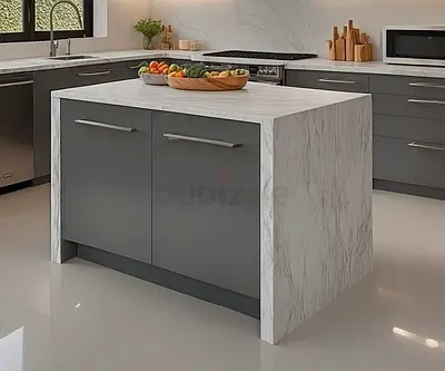 Modern Marble-Effect Kitchen Island with Storage Cabinets
