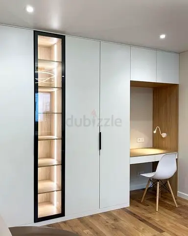 Modern White Wardrobe with Built-in Desk and Display Shelf