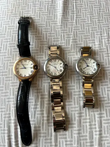 Set of three Cartier-style wristwatches – mixed straps, working condition (sold as set)