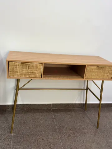 Slim Wooden Console Table with Wicker Drawers and Brass Legs