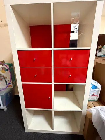 IKEA White 8-Cubby Storage Shelf with 4 Red Cabinet Doors, SOFA BED, CLOTHES STAND- Good Condition