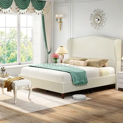 Nailhead boarder tall wingback king size bed frame